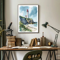 Coastal Scene with Lighthouse in Artistic Travel Poster PosterGoat