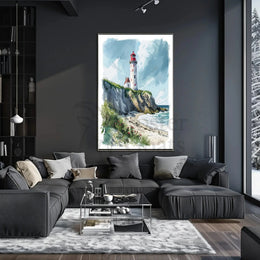 Coastal Scene with Lighthouse in Artistic Travel Poster PosterGoat