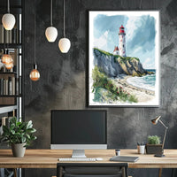 Coastal Scene with Lighthouse in Artistic Travel Poster PosterGoat