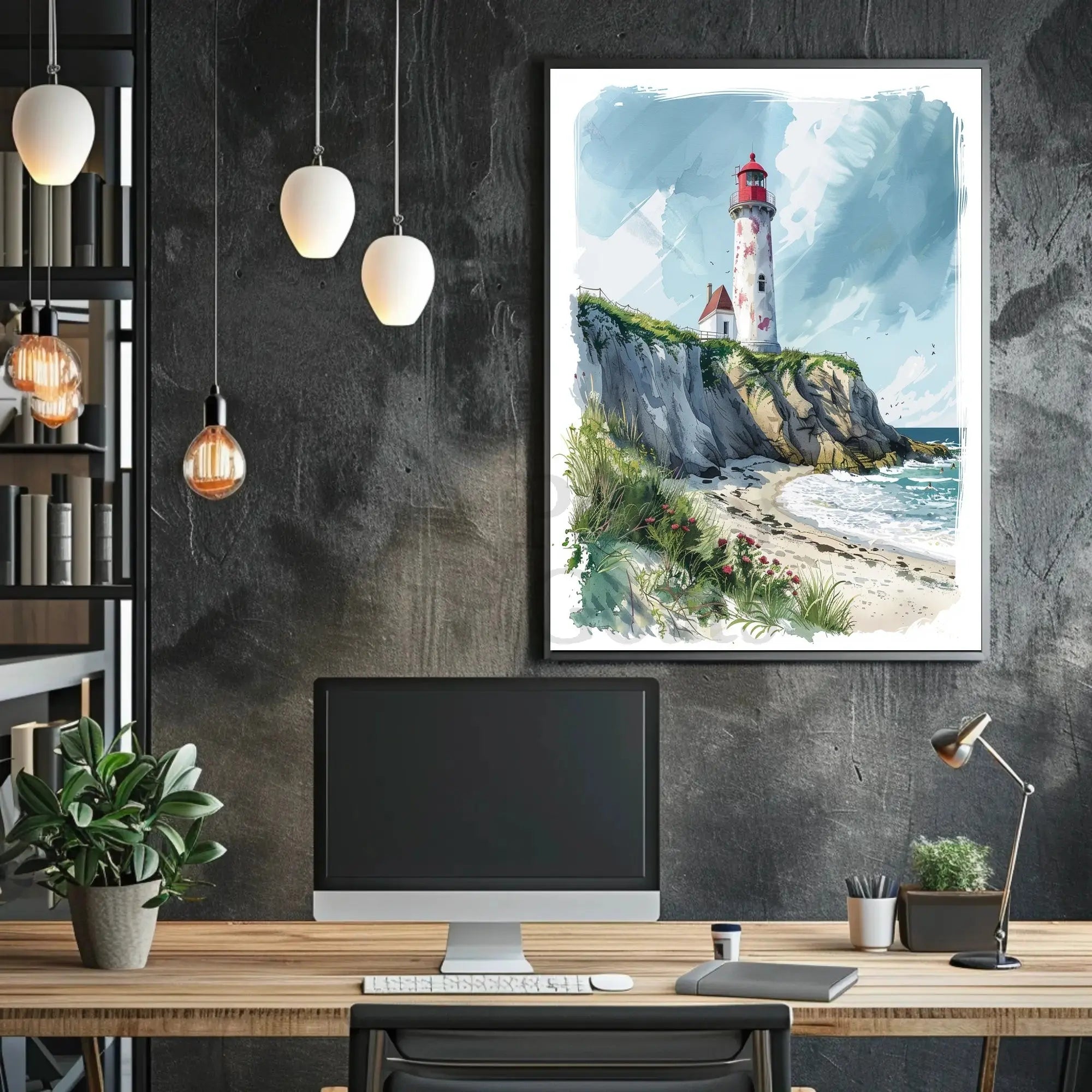 Coastal Scene with Lighthouse in Artistic Travel Poster PosterGoat