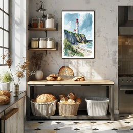 Coastal Scene with Lighthouse in Artistic Travel Poster PosterGoat