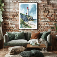 Coastal Scene with Lighthouse in Artistic Travel Poster PosterGoat