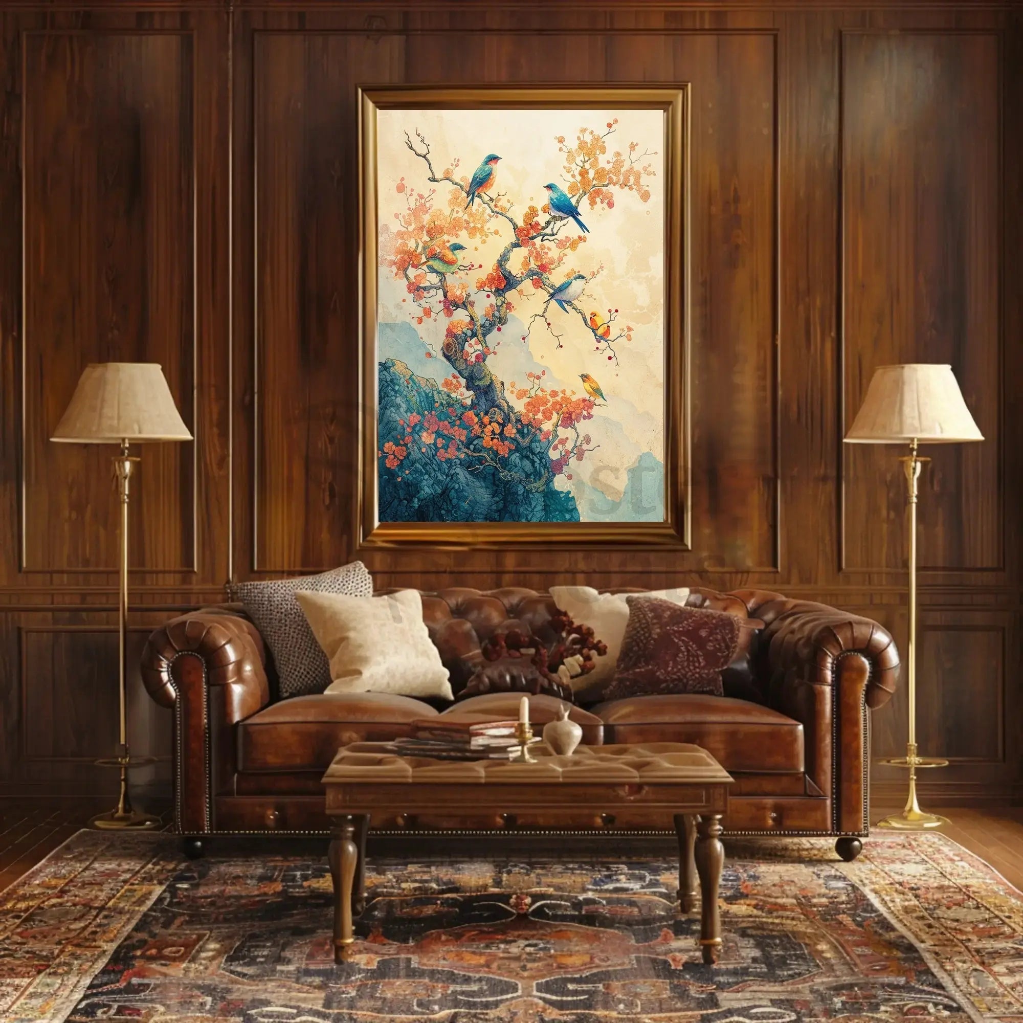 Colorful Birds on Tree: Artistic Asian-Inspired Poster PosterGoat