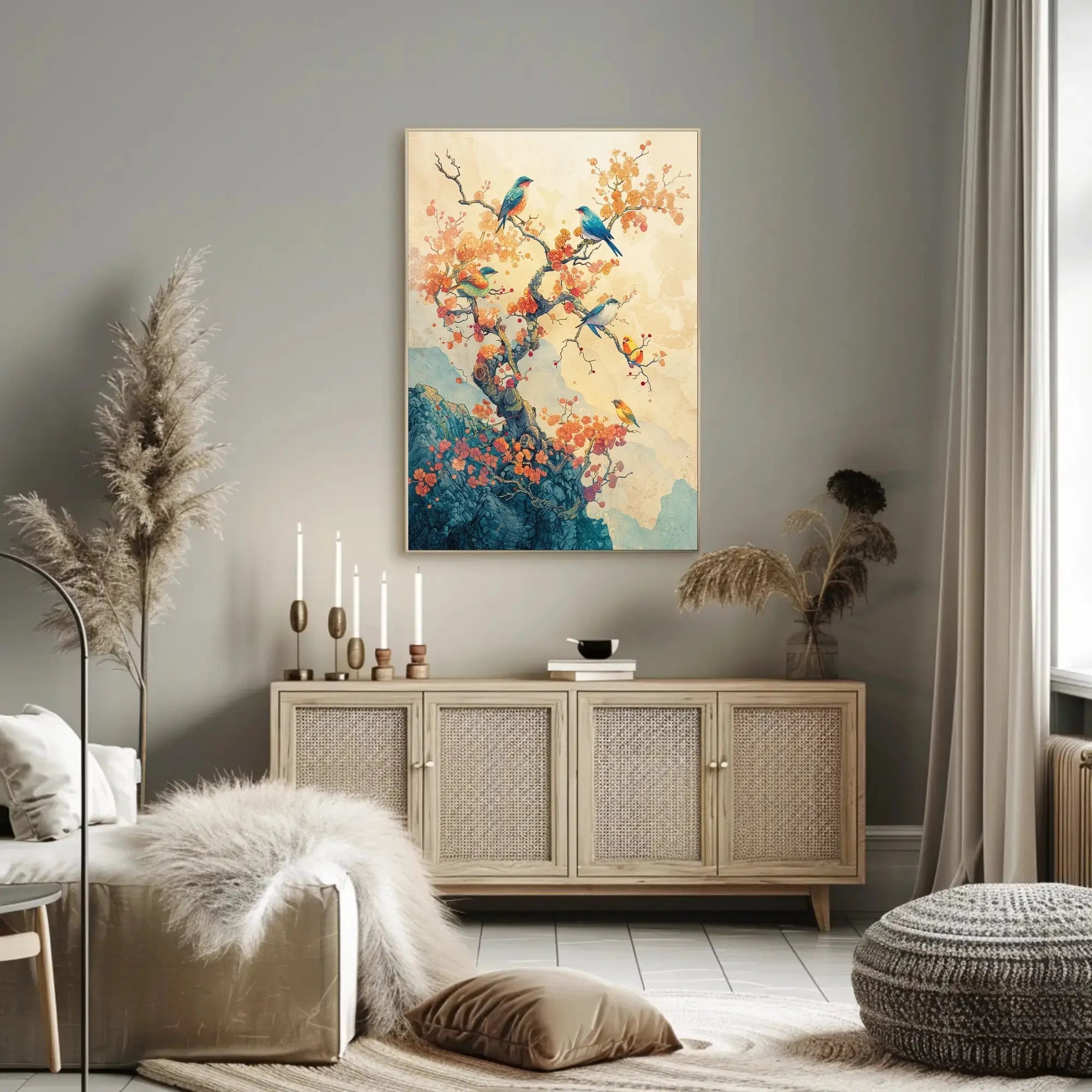 Colorful Birds on Tree: Artistic Asian-Inspired Poster PosterGoat