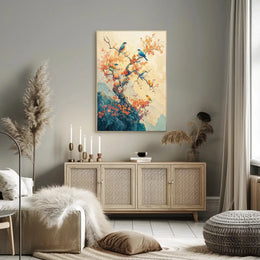 Colorful Birds on Tree: Artistic Asian-Inspired Poster PosterGoat