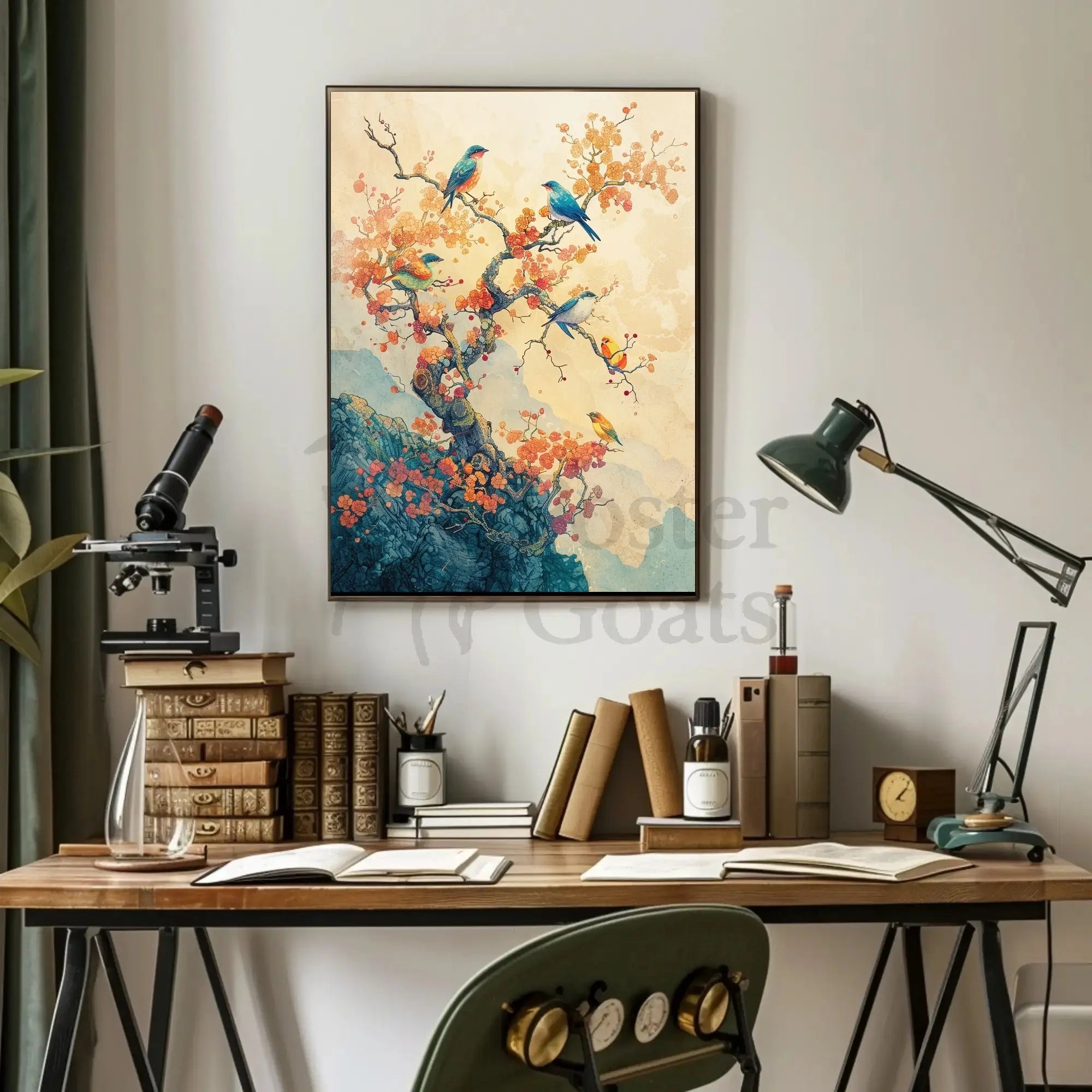 Colorful Birds on Tree: Artistic Asian-Inspired Poster PosterGoat