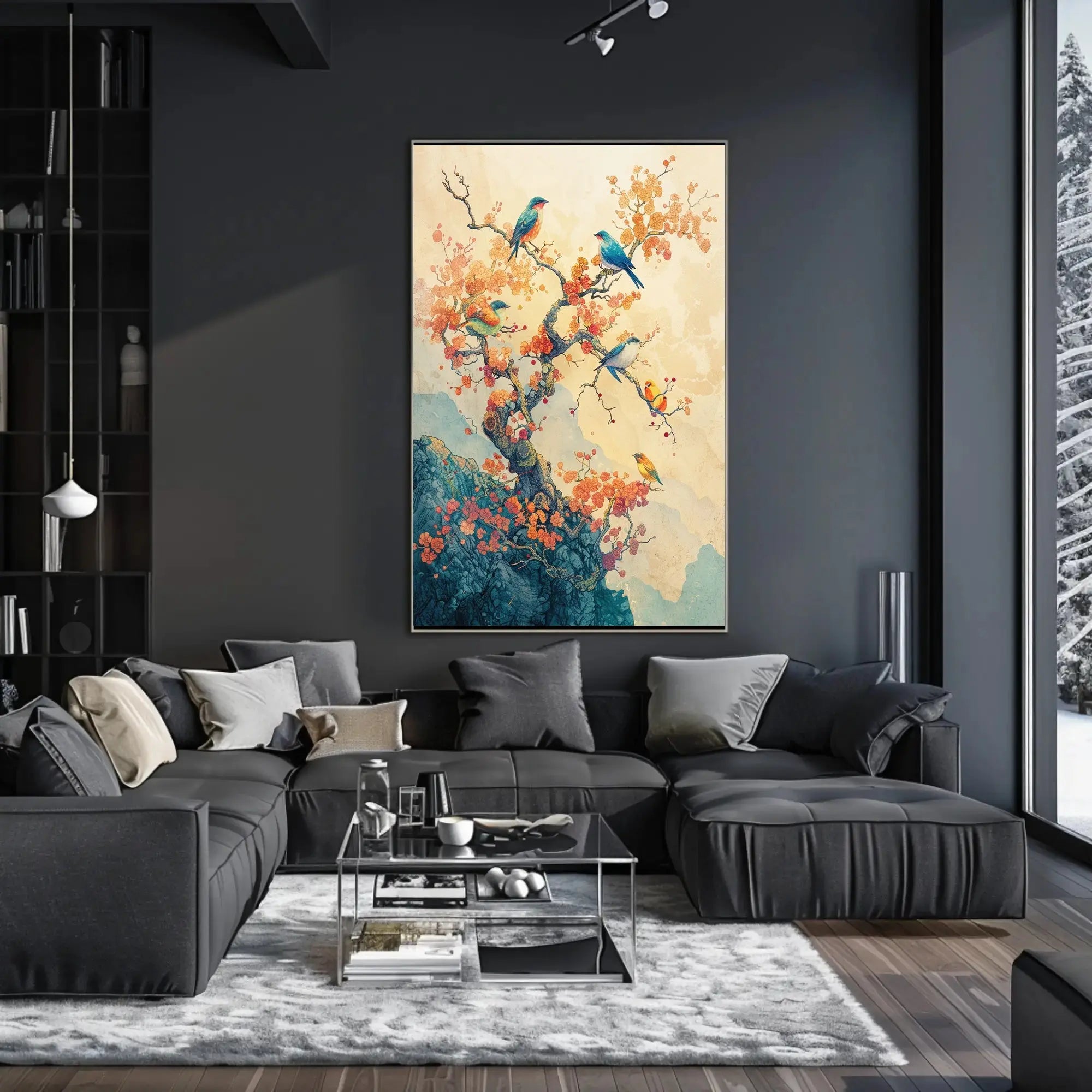 Colorful Birds on Tree: Artistic Asian-Inspired Poster PosterGoat
