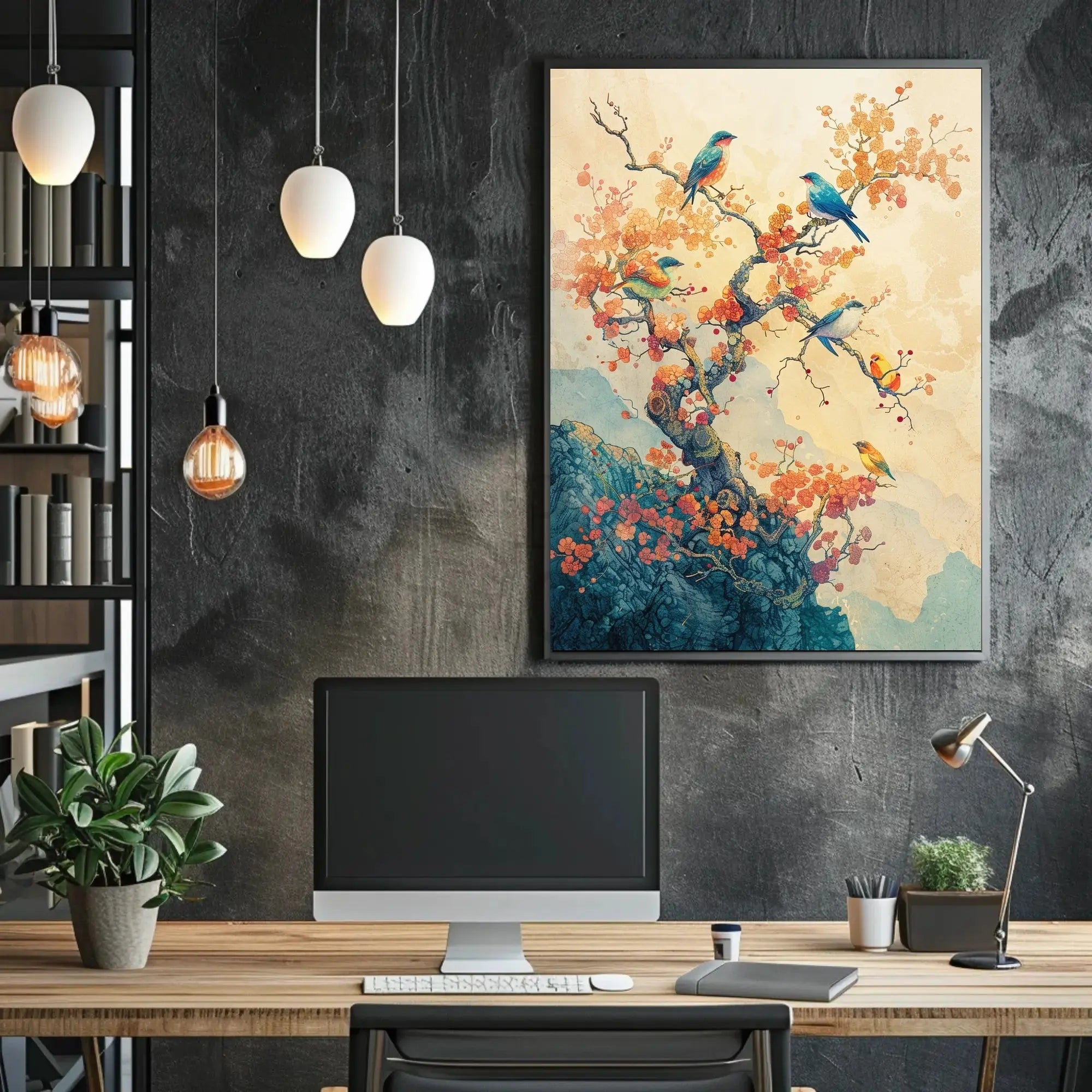 Colorful Birds on Tree: Artistic Asian-Inspired Poster PosterGoat