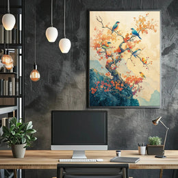 Colorful Birds on Tree: Artistic Asian-Inspired Poster PosterGoat