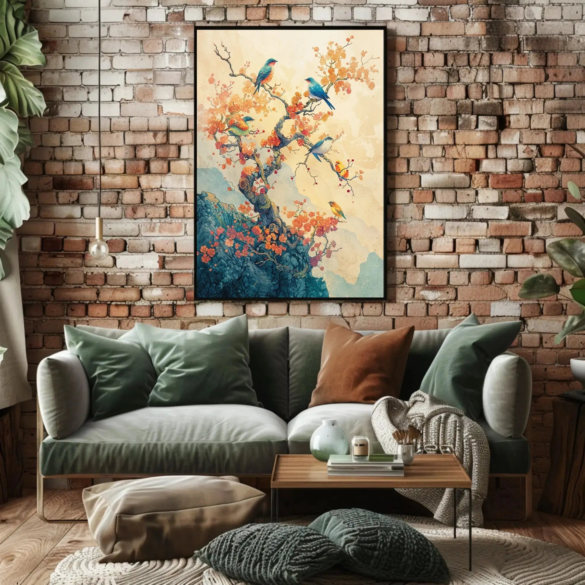 Colorful Birds on Tree: Artistic Asian-Inspired Poster PosterGoat