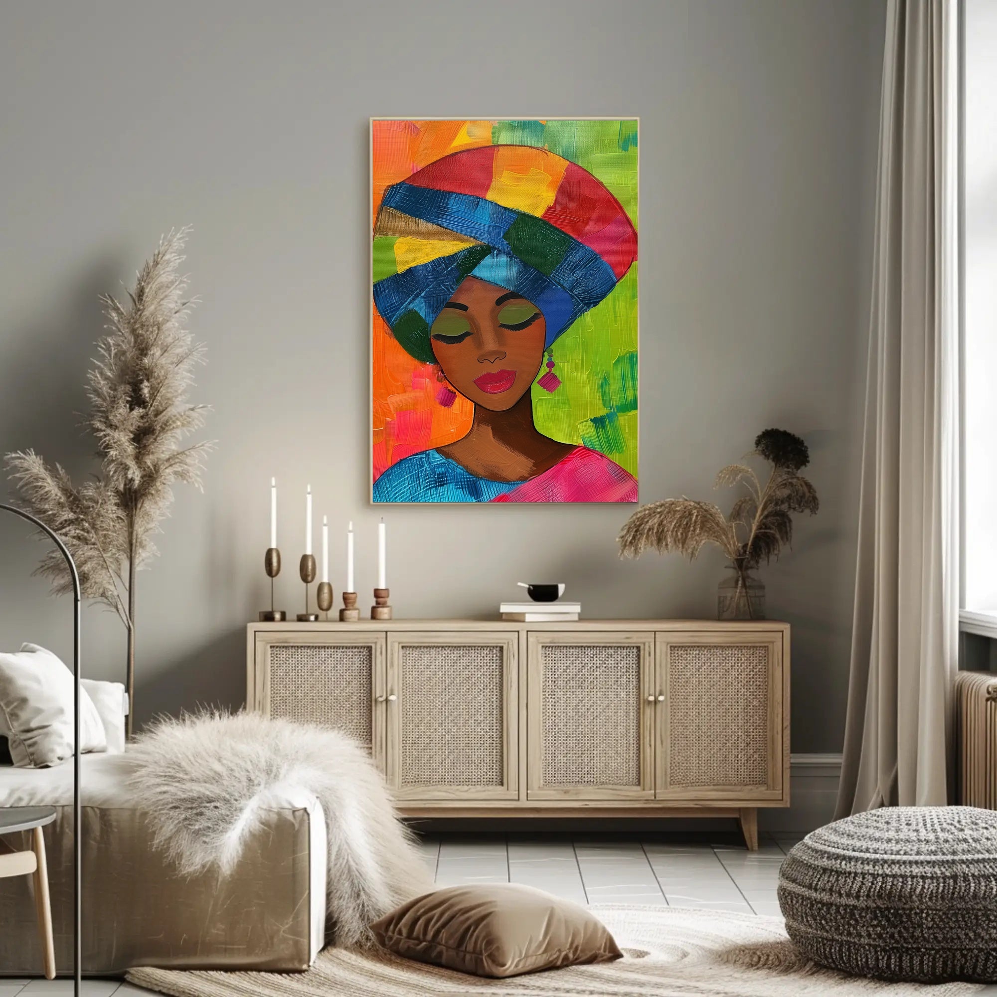 Colorful Woman Illustration with Abstract Background Artistic Poster PosterGoat