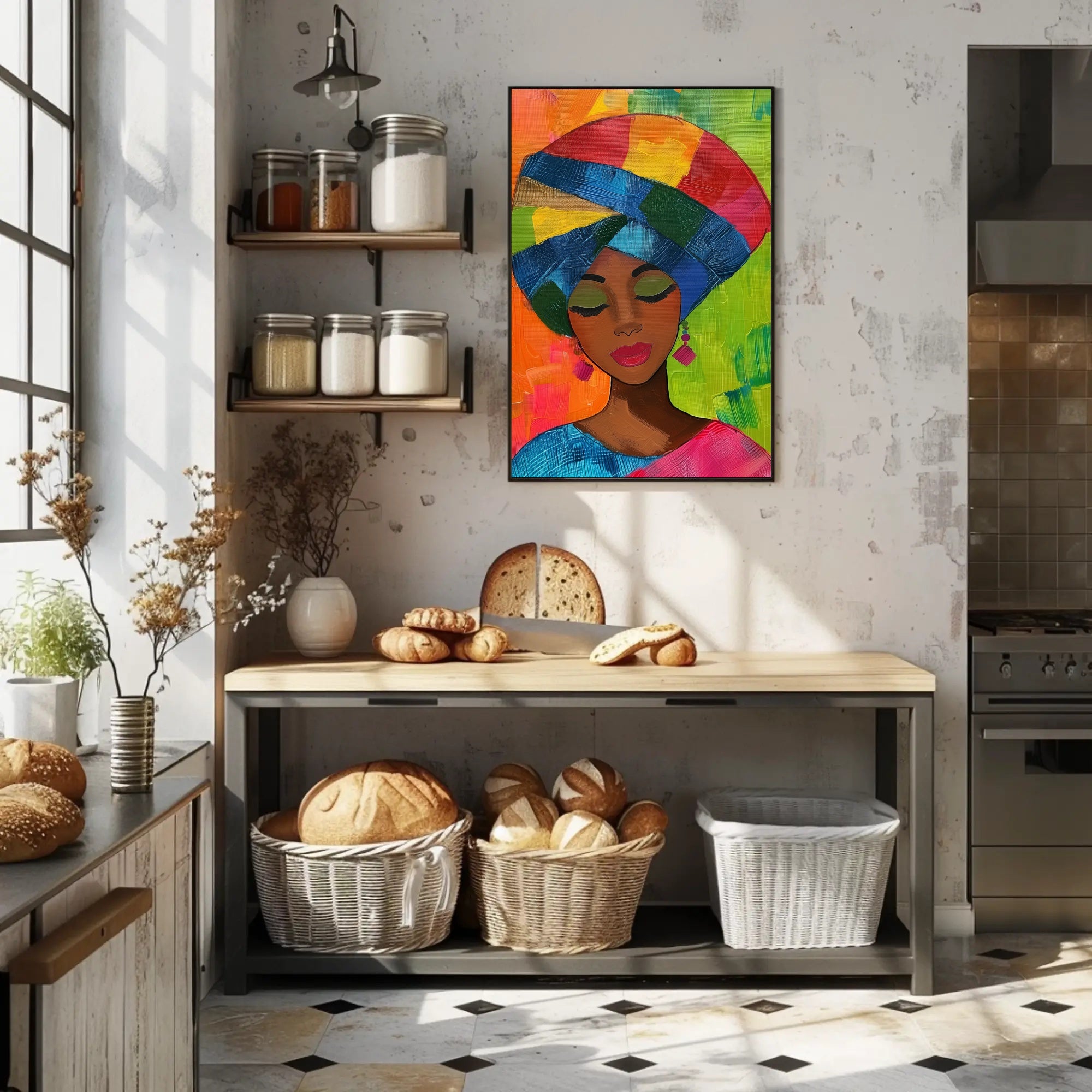Colorful Woman Illustration with Abstract Background Artistic Poster PosterGoat