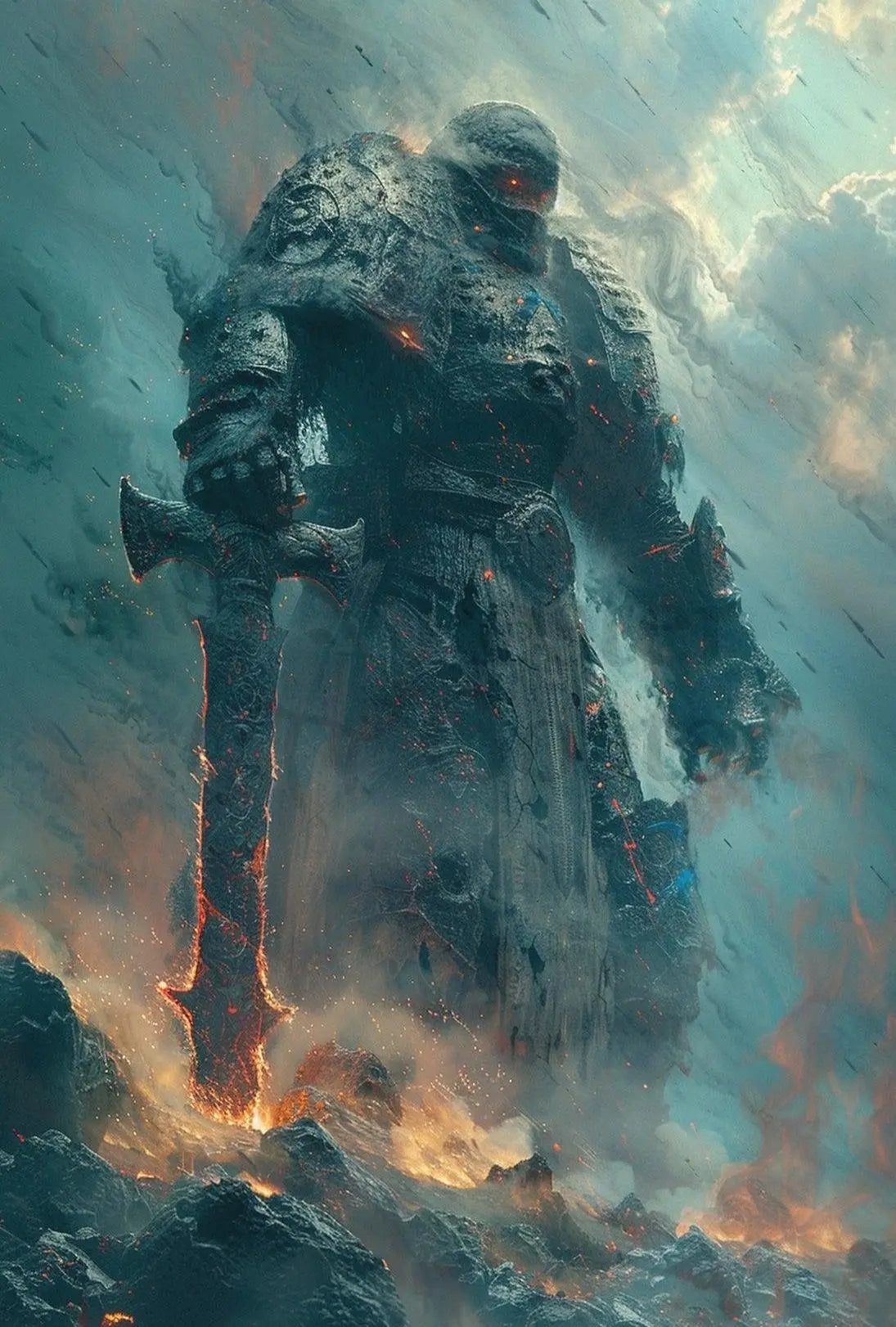 Colossal Stone Warrior in Fiery Fantasy Landscape Poster PosterGoat