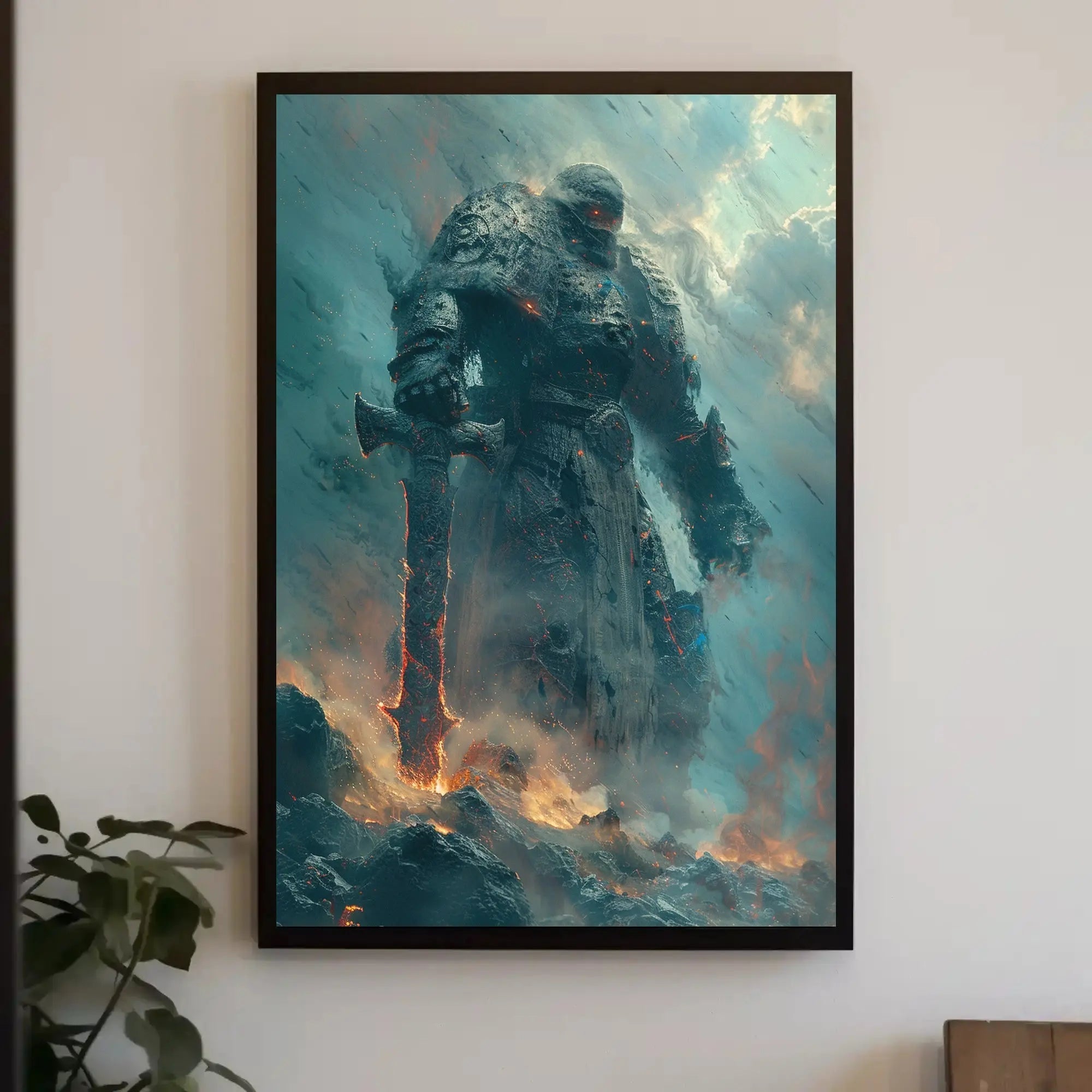 Colossal Stone Warrior in Fiery Fantasy Landscape Poster PosterGoat