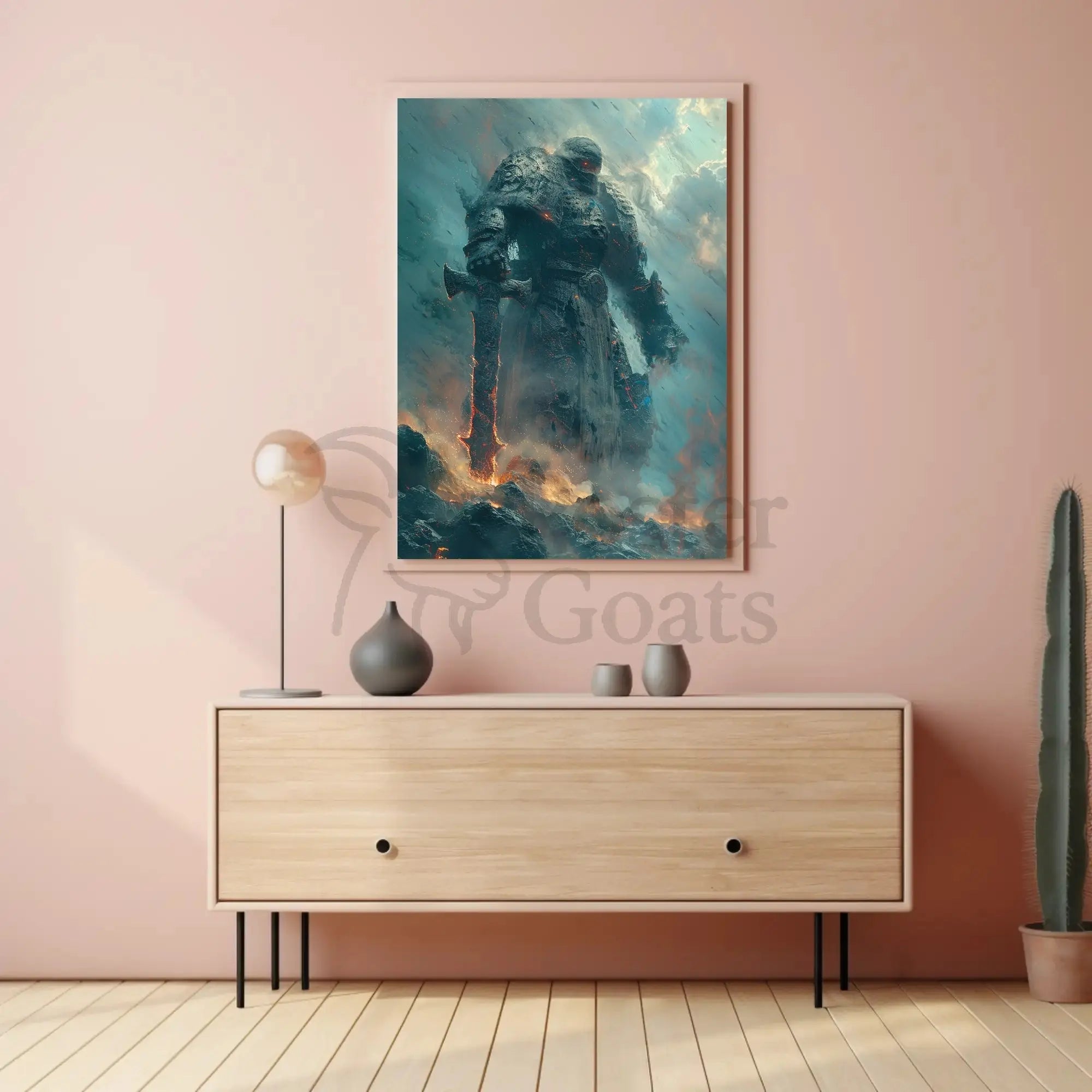 Colossal Stone Warrior in Fiery Fantasy Landscape Poster PosterGoat