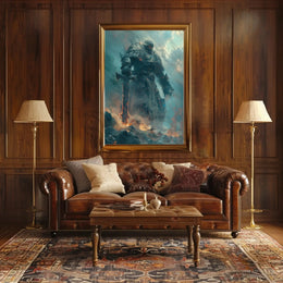 Colossal Stone Warrior in Fiery Fantasy Landscape Poster PosterGoat