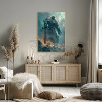 Colossal Stone Warrior in Fiery Fantasy Landscape Poster PosterGoat