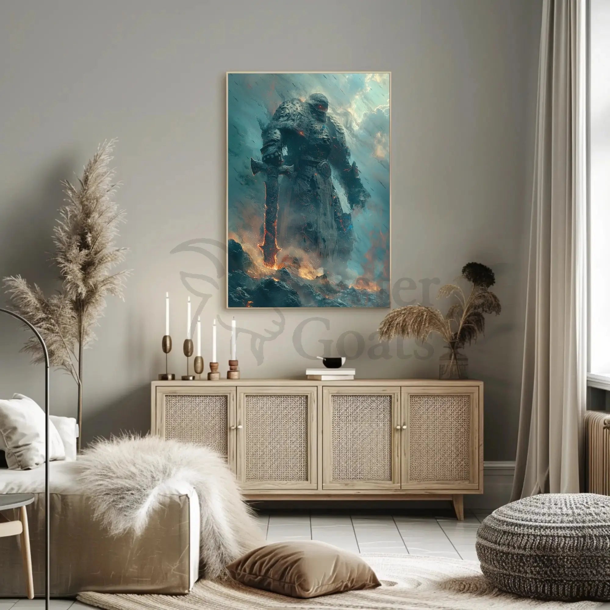 Colossal Stone Warrior in Fiery Fantasy Landscape Poster PosterGoat
