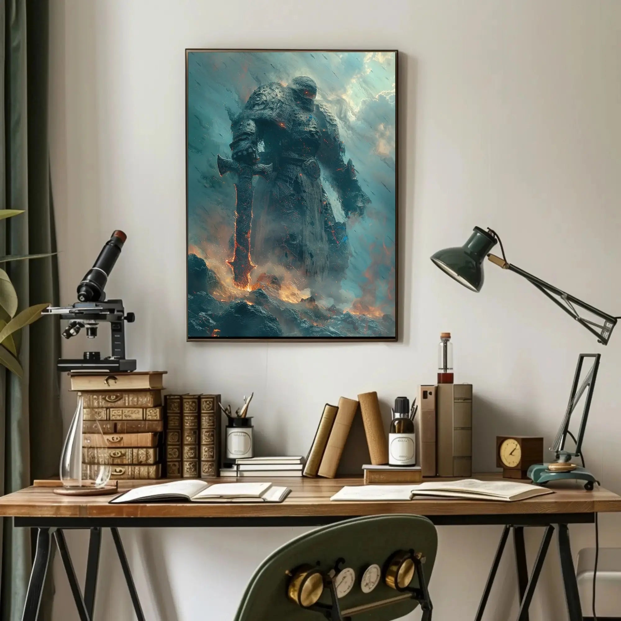 Colossal Stone Warrior in Fiery Fantasy Landscape Poster PosterGoat
