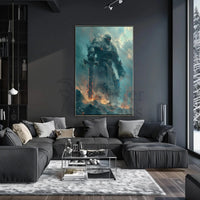 Colossal Stone Warrior in Fiery Fantasy Landscape Poster PosterGoat
