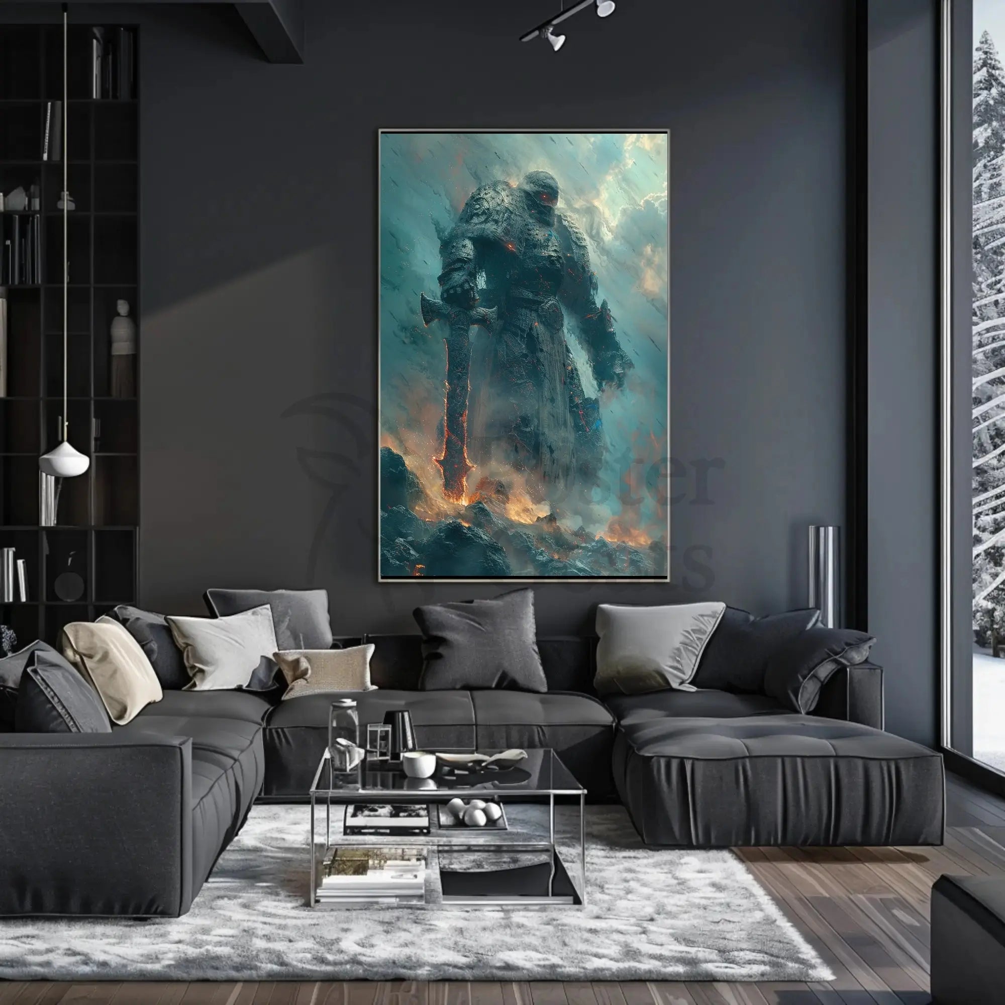 Colossal Stone Warrior in Fiery Fantasy Landscape Poster PosterGoat
