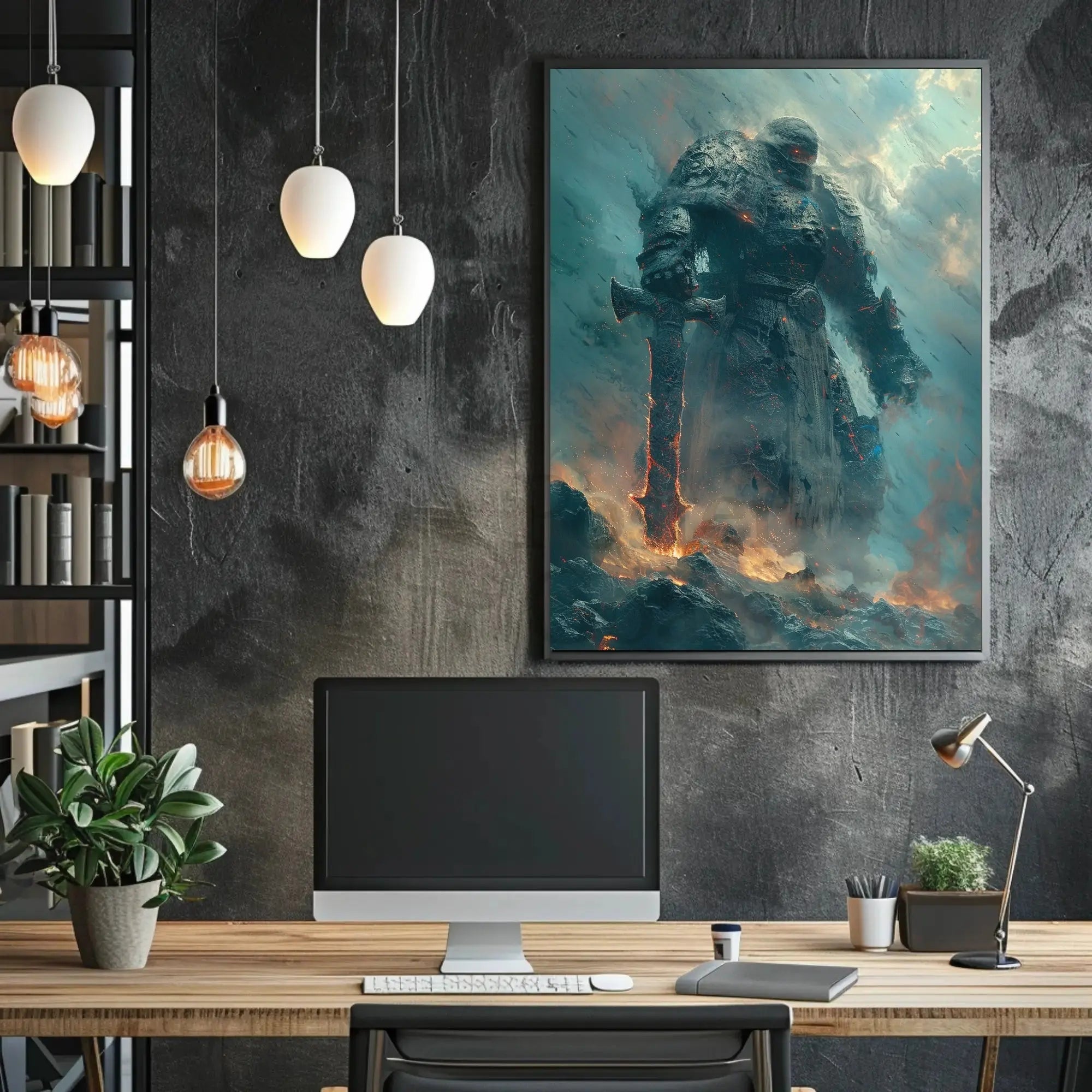 Colossal Stone Warrior in Fiery Fantasy Landscape Poster PosterGoat