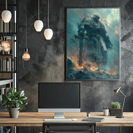 Colossal Stone Warrior in Fiery Fantasy Landscape Poster PosterGoat