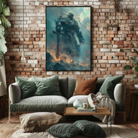 Colossal Stone Warrior in Fiery Fantasy Landscape Poster PosterGoat