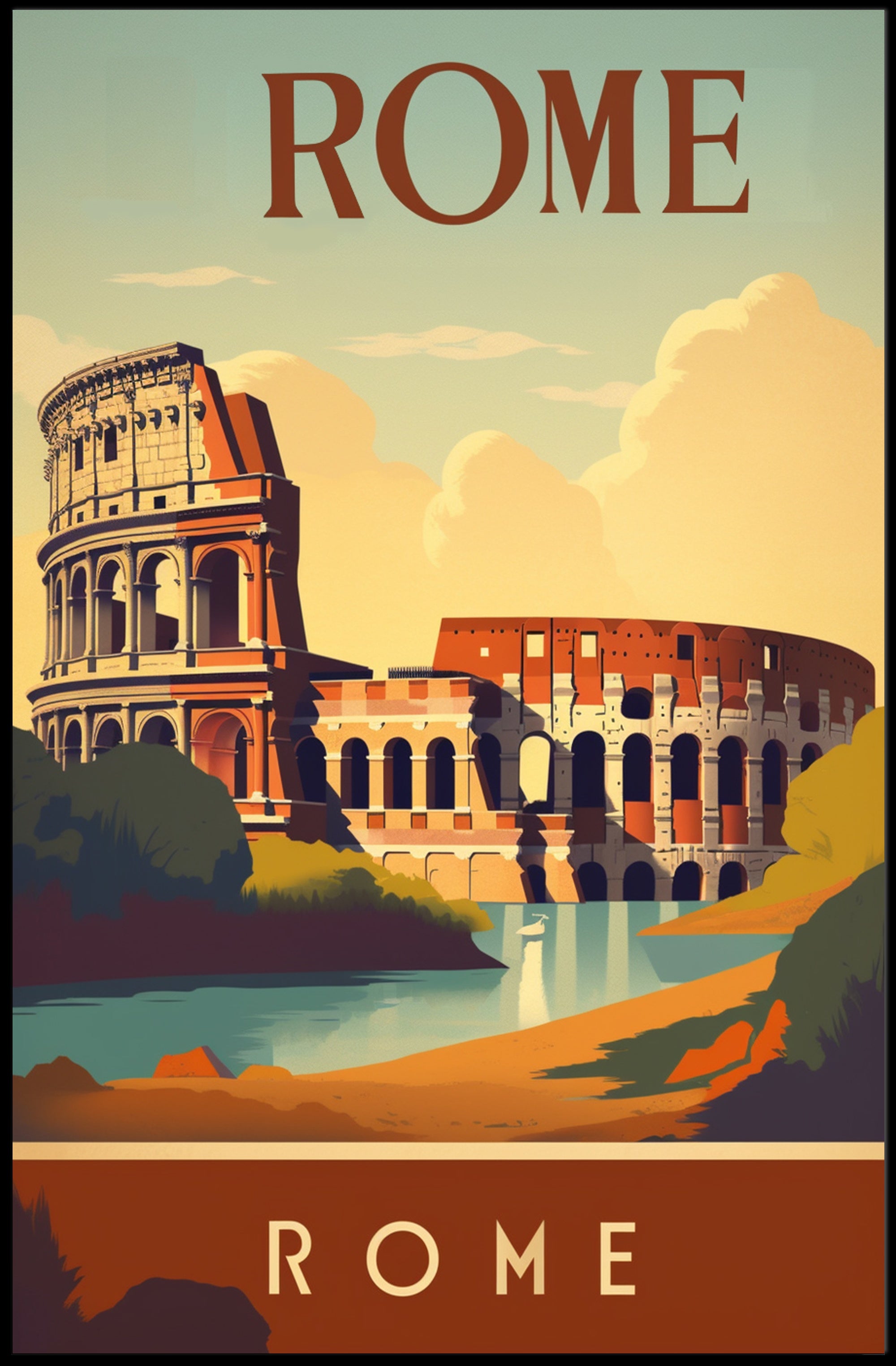 Colosseum Vintage Travel Poster: Rome's Iconic Landmark Illustration PosterGoat