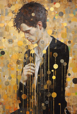 Contemplative Man in Abstract Gold Artistic Poster PosterGoat