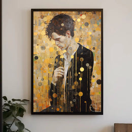 Contemplative Man in Abstract Gold Artistic Poster PosterGoat