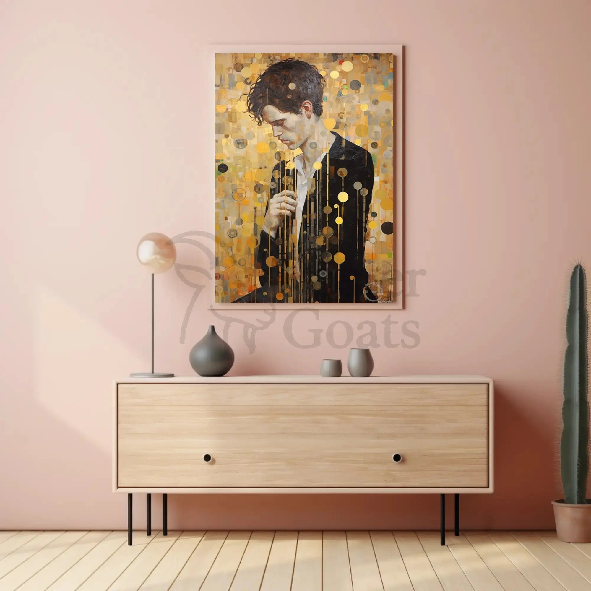 Contemplative Man in Abstract Gold Artistic Poster PosterGoat
