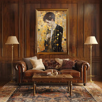 Contemplative Man in Abstract Gold Artistic Poster PosterGoat