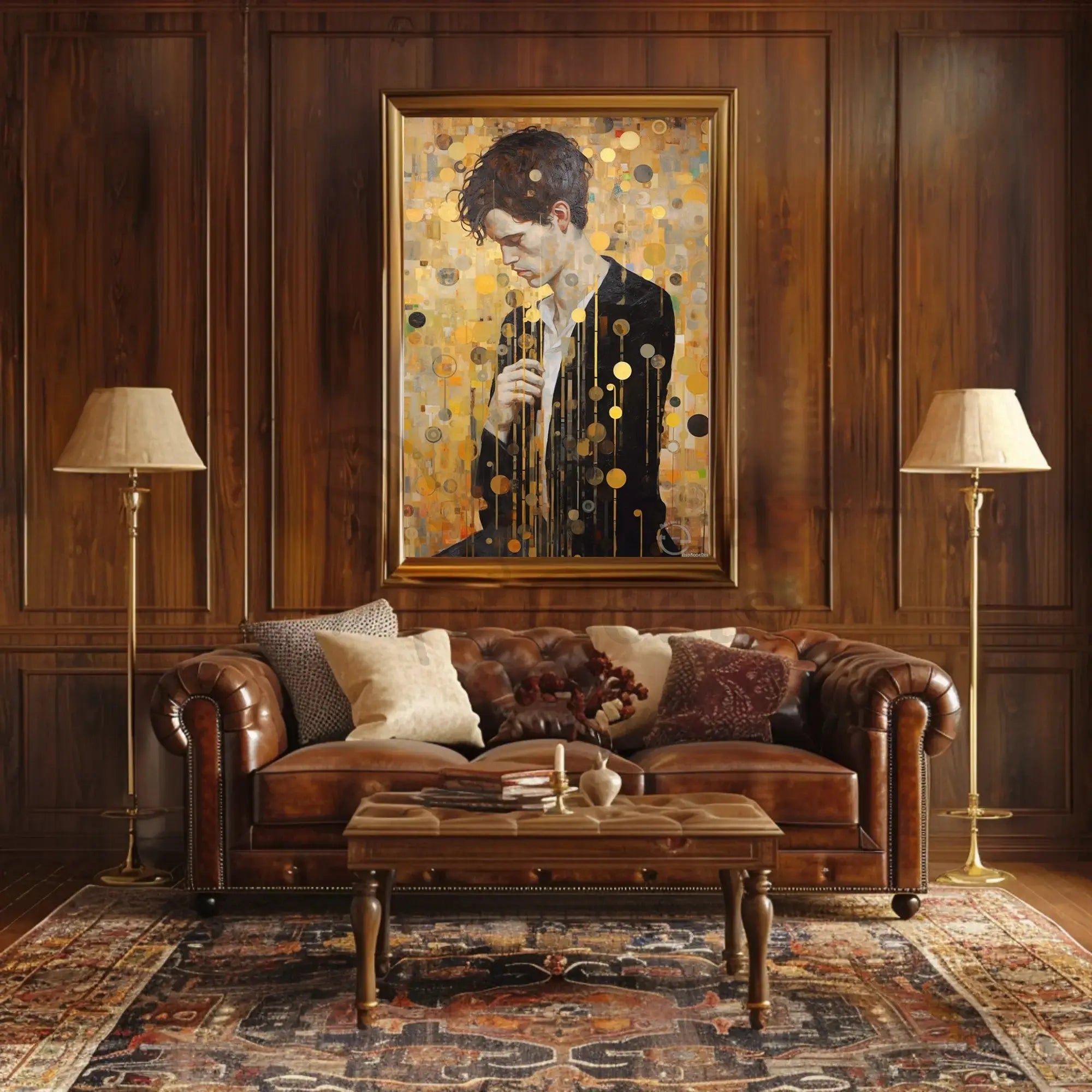 Contemplative Man in Abstract Gold Artistic Poster PosterGoat