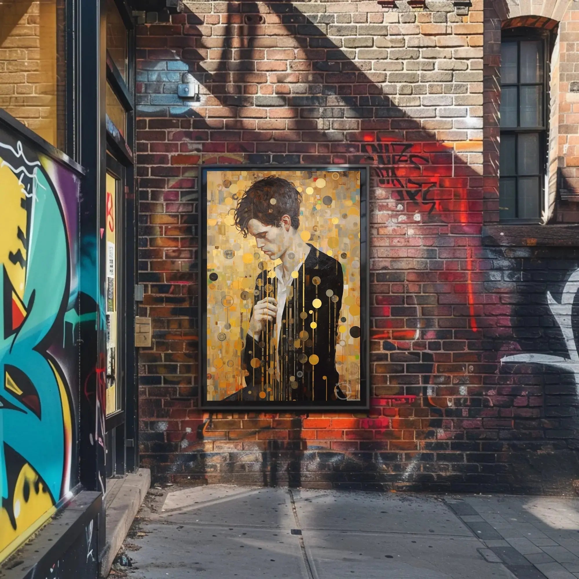 Contemplative Man in Abstract Gold Artistic Poster PosterGoat