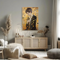 Contemplative Man in Abstract Gold Artistic Poster PosterGoat