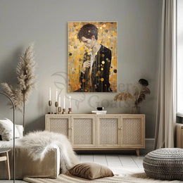Contemplative Man in Abstract Gold Artistic Poster PosterGoat