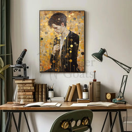 Contemplative Man in Abstract Gold Artistic Poster PosterGoat