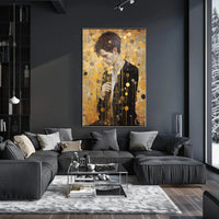 Contemplative Man in Abstract Gold Artistic Poster PosterGoat