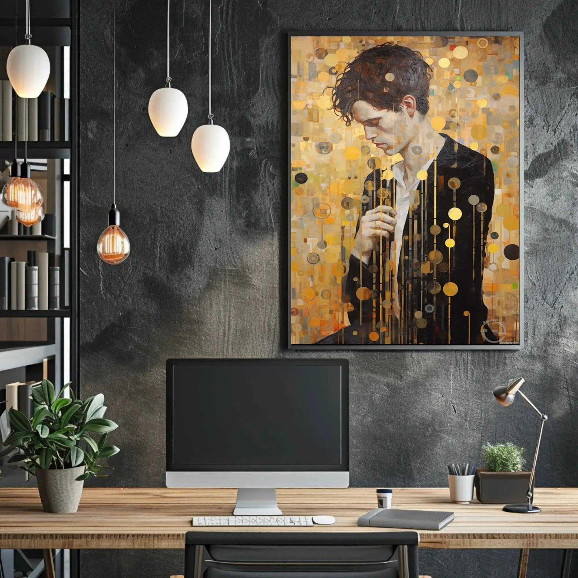 Contemplative Man in Abstract Gold Artistic Poster PosterGoat
