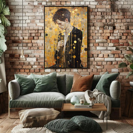 Contemplative Man in Abstract Gold Artistic Poster PosterGoat
