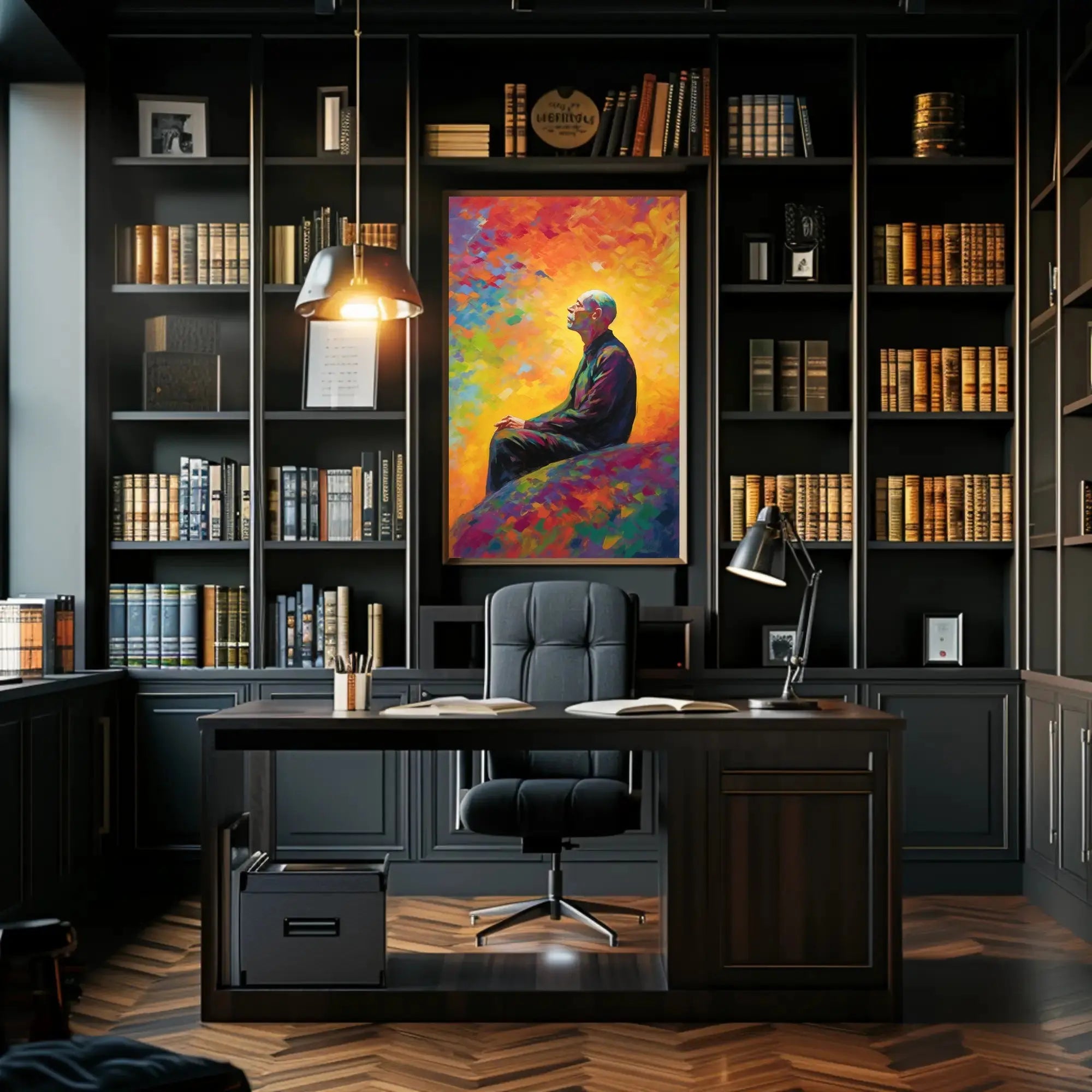 Contemplative Man in Vibrant Impressionist Abstract Artistic Poster PosterGoat