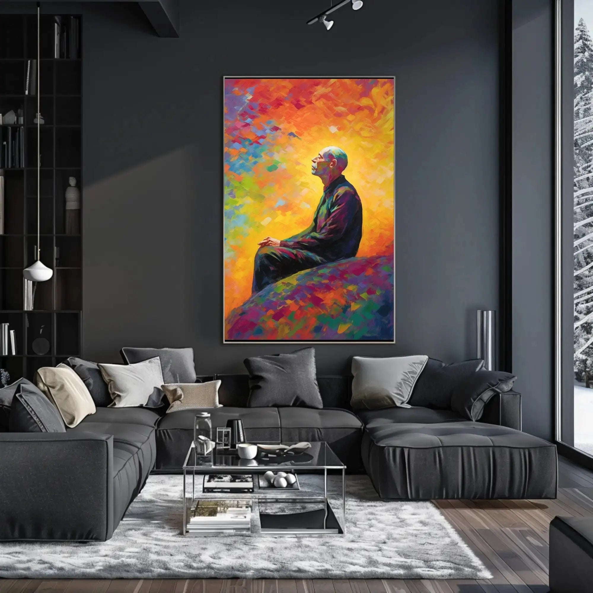 Contemplative Man in Vibrant Impressionist Abstract Artistic Poster PosterGoat