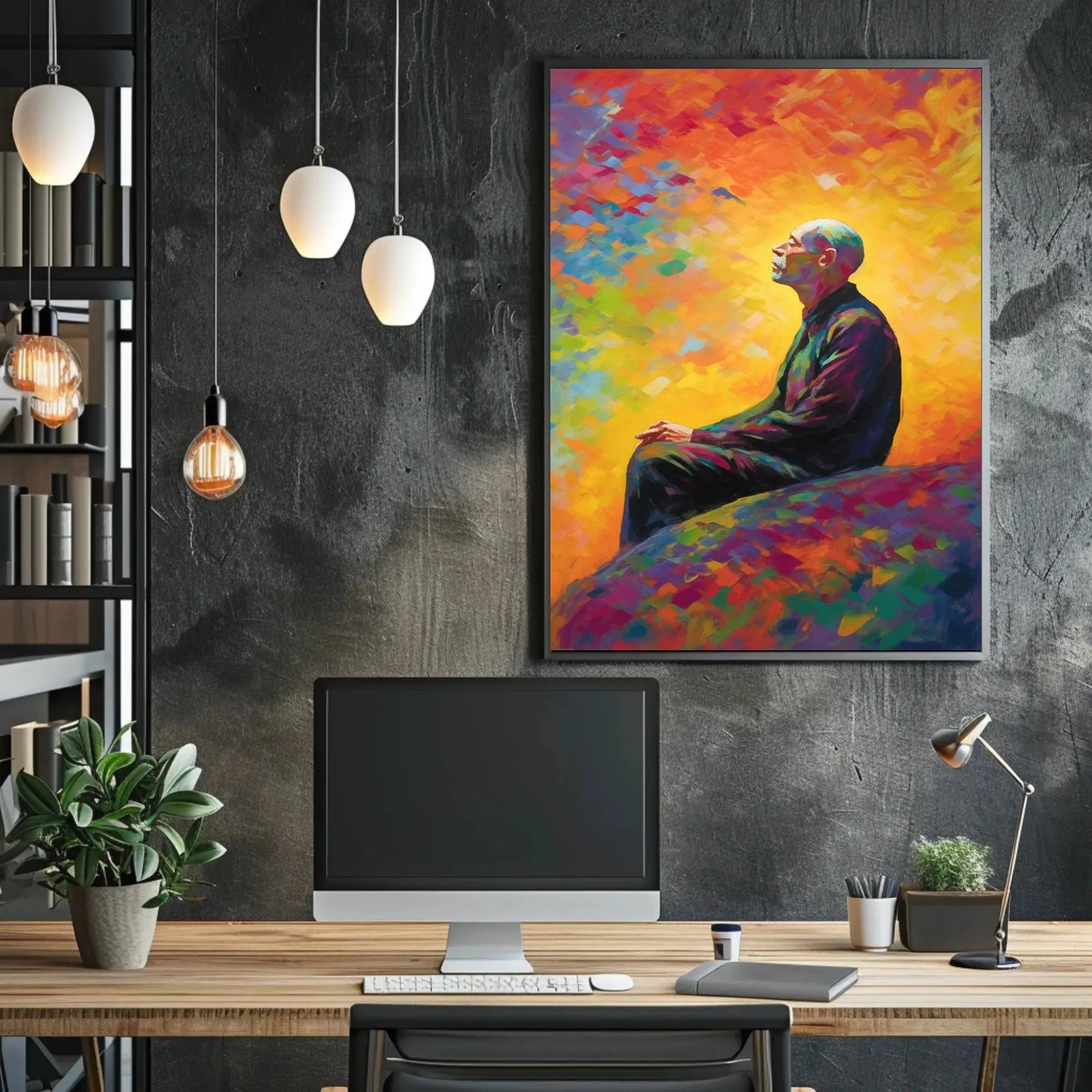 Contemplative Man in Vibrant Impressionist Abstract Artistic Poster PosterGoat