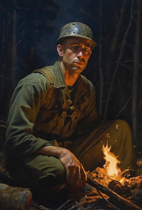 Contemplative Soldier by Campfire WWII Poster PosterGoat
