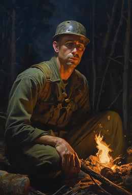 Contemplative Soldier by Campfire WWII Poster PosterGoat