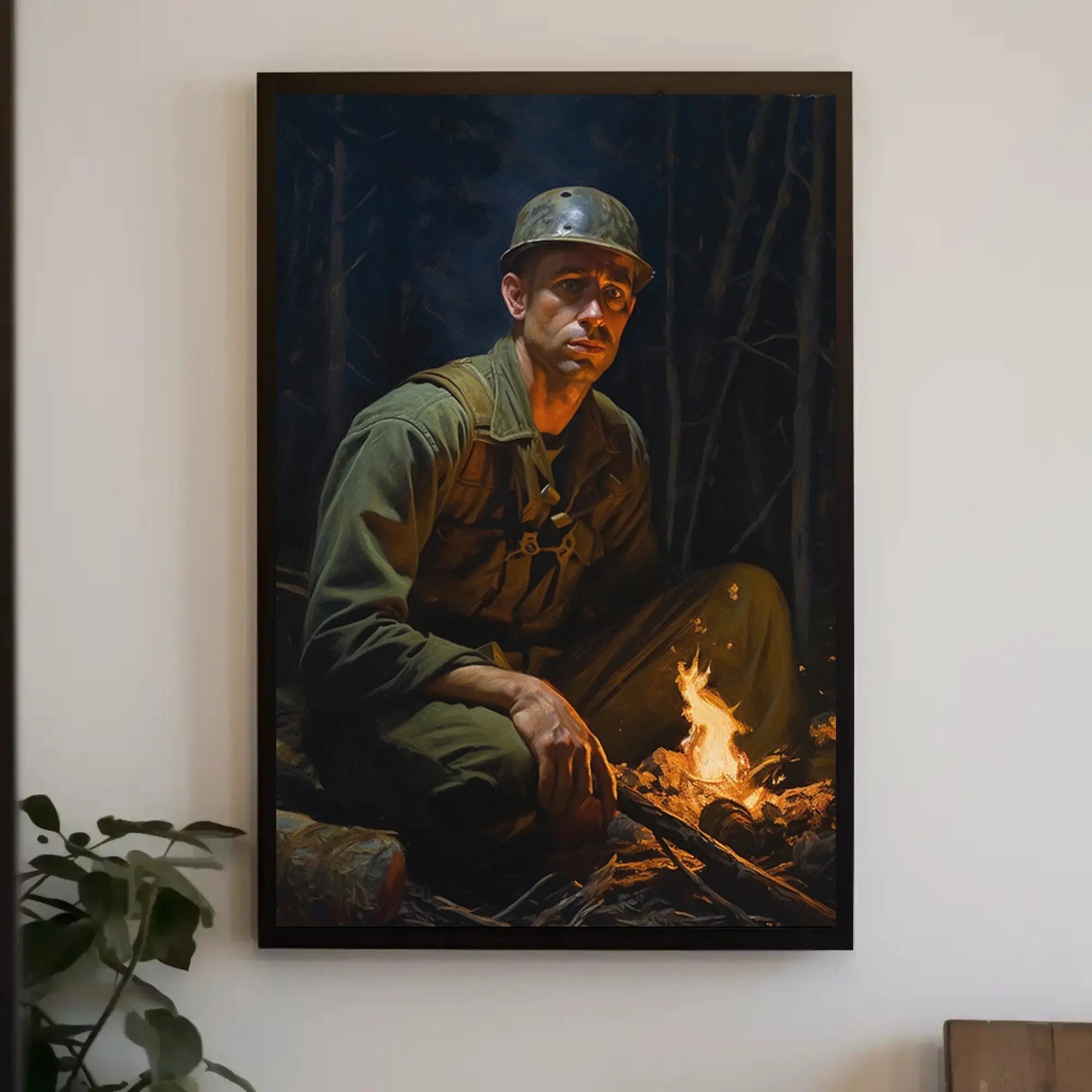 Contemplative Soldier by Campfire WWII Poster PosterGoat