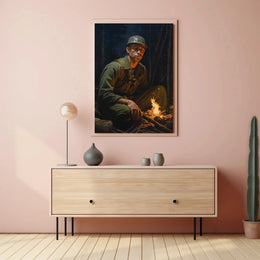 Contemplative Soldier by Campfire WWII Poster PosterGoat