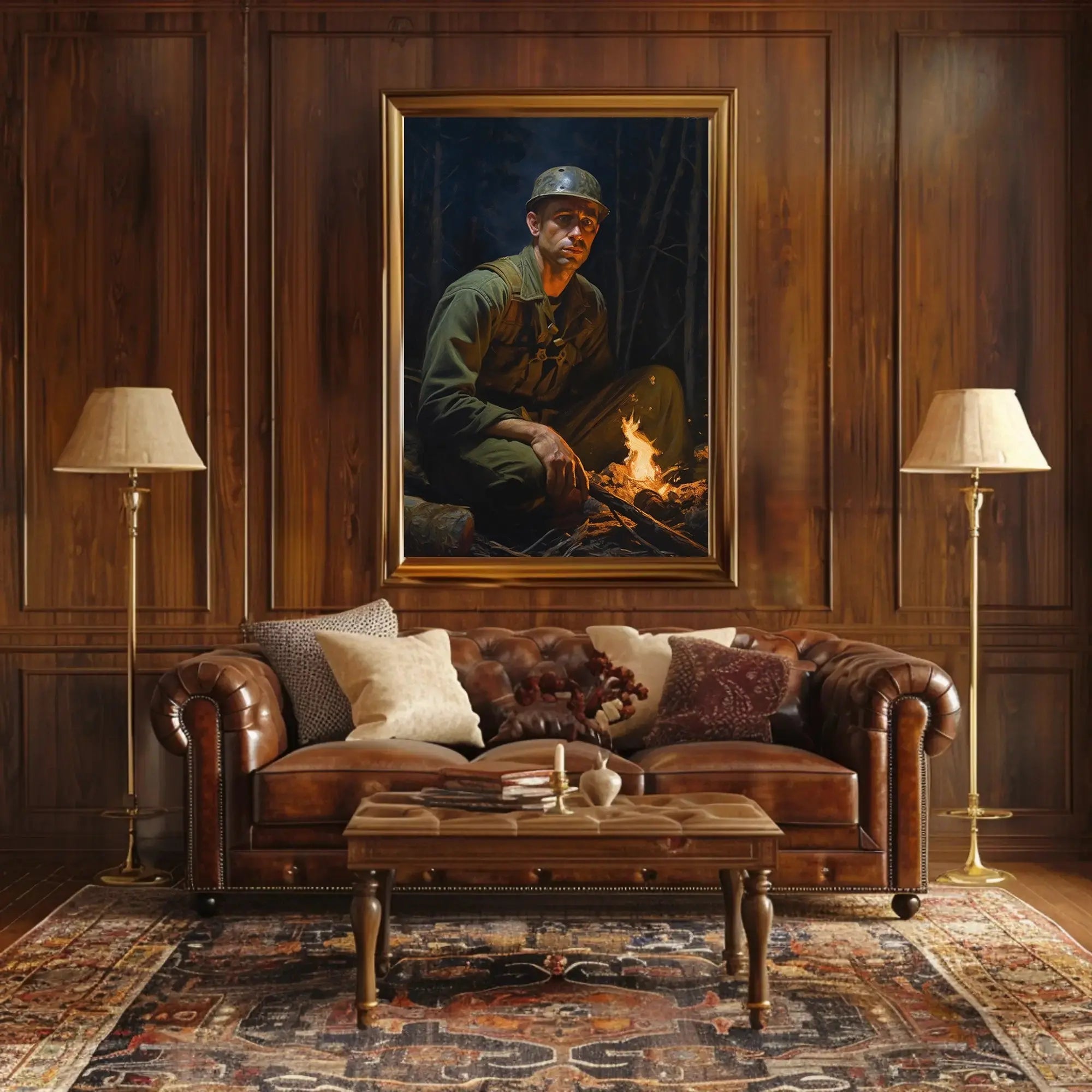 Contemplative Soldier by Campfire WWII Poster PosterGoat