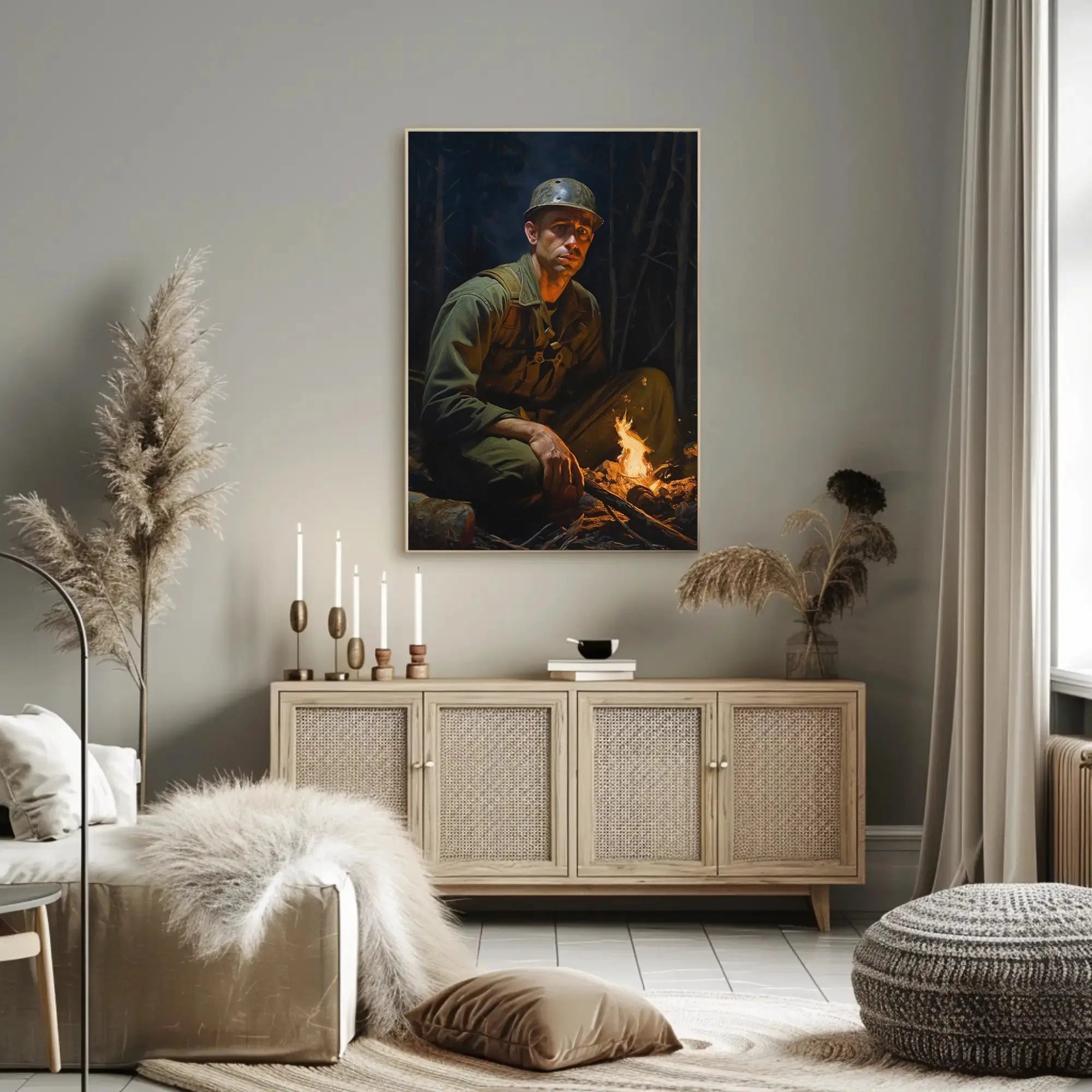 Contemplative Soldier by Campfire WWII Poster PosterGoat